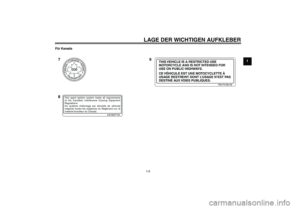 YAMAHA TTR50 2011  Betriebsanleitungen (in German) LAGE DER WICHTIGEN AUFKLEBER1-3
1
Für Kanada
CMVSSCANADANSVAC
TRANSPORT
506
3JK-82377-00
This spark ignition system meets all requirements 
of the Canadian Interference Causing Equipment 
Regulat