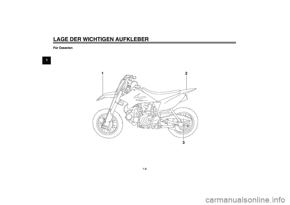YAMAHA TTR50 2011  Betriebsanleitungen (in German) LAGE DER WICHTIGEN AUFKLEBER
1-8
1
Für Ozeanien
1
2
3
U1P685G0.book  Page 8  Wednesday, April 21, 2010  3:20 PM 