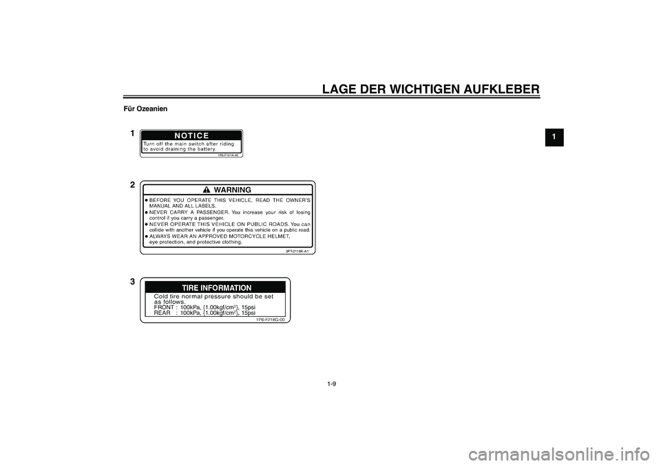 YAMAHA TTR50 2011  Betriebsanleitungen (in German) LAGE DER WICHTIGEN AUFKLEBER1-9
1
Für Ozeanien
NOTICE
1P6-F151A-40
3PT-2118K-A1
1
2
3
U1P685G0.book  Page 9  Wednesday, April 21, 2010  3:20 PM 
