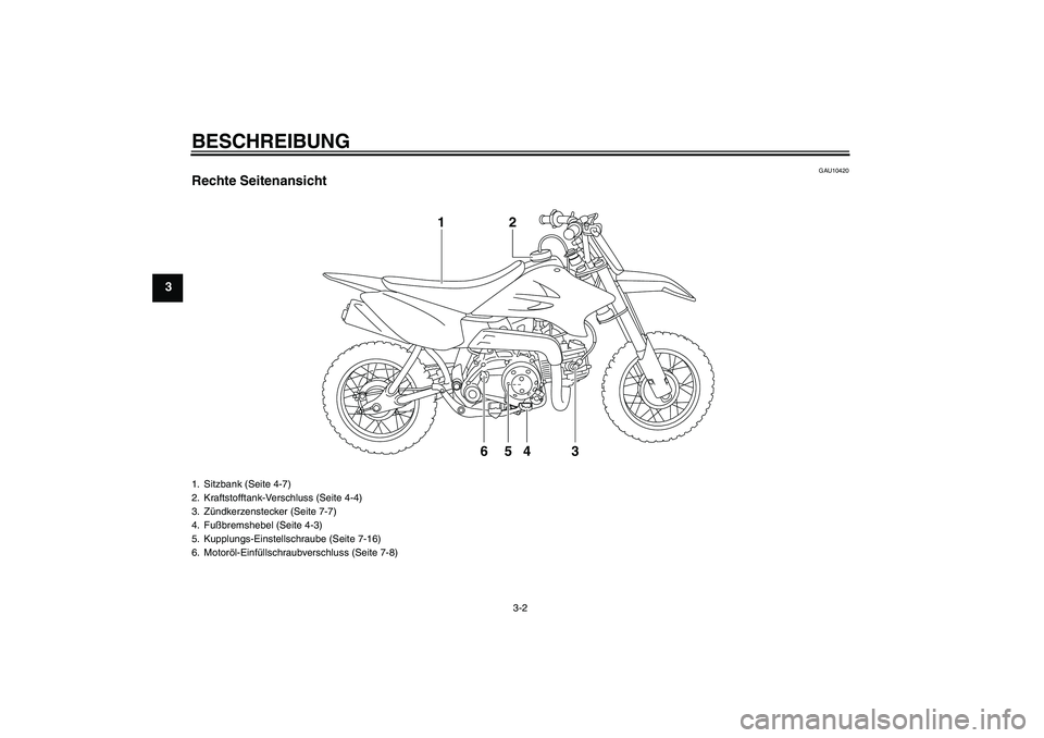 YAMAHA TTR50 2011  Betriebsanleitungen (in German) BESCHREIBUNG
3-2
3
GAU10420
Rechte Seitenansicht
4 65 32 1
1. Sitzbank (Seite 4-7)
2. Kraftstofftank-Verschluss (Seite 4-4)
3. Zündkerzenstecker (Seite 7-7)
4. Fußbremshebel (Seite 4-3)
5. Kupplungs