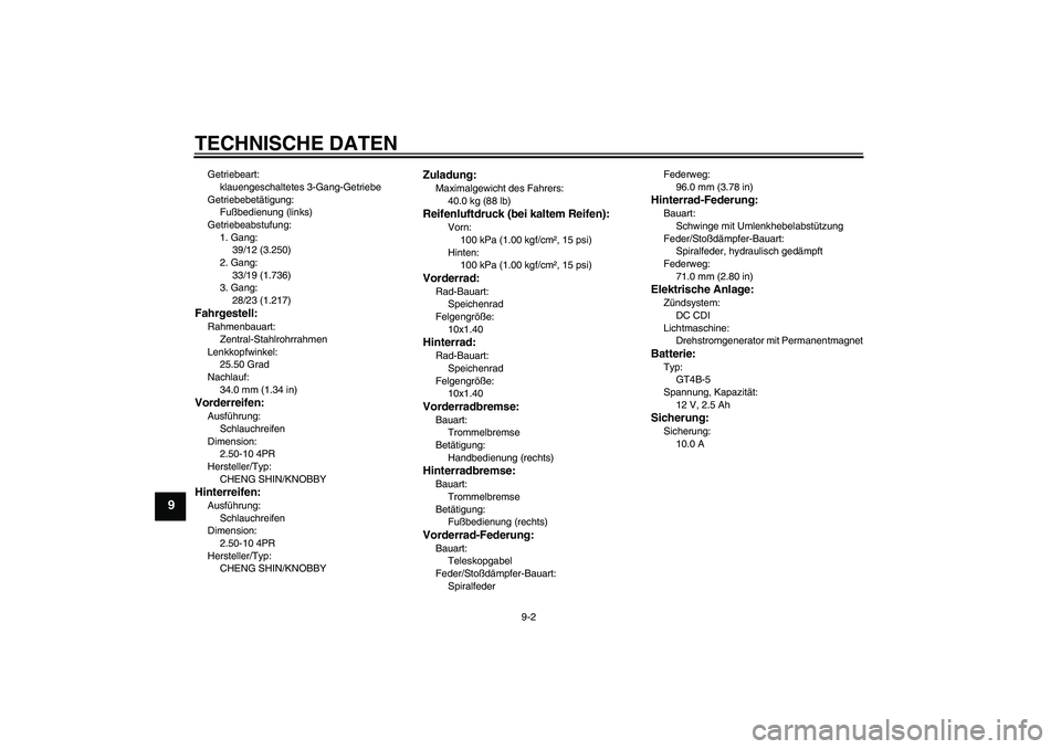 YAMAHA TTR50 2011  Betriebsanleitungen (in German) TECHNISCHE DATEN
9-2
9
Getriebeart:
klauengeschaltetes 3-Gang-Getriebe
Getriebebetätigung:
Fußbedienung (links)
Getriebeabstufung:
1. Gang:
39/12 (3.250)
2. Gang:
33/19 (1.736)
3. Gang:
28/23 (1.217