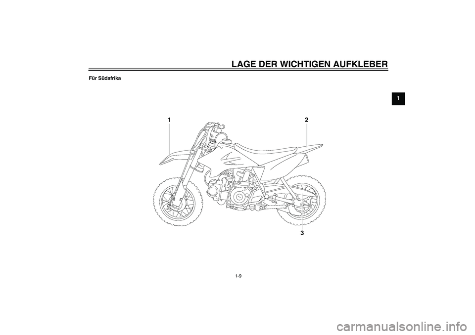 YAMAHA TTR50 2010  Betriebsanleitungen (in German) LAGE DER WICHTIGEN AUFKLEBER1-9
1
Für Südafrika
1
2
3
U1P684G0.book  Page 9  Tuesday, April 28, 2009  10:24 AM 