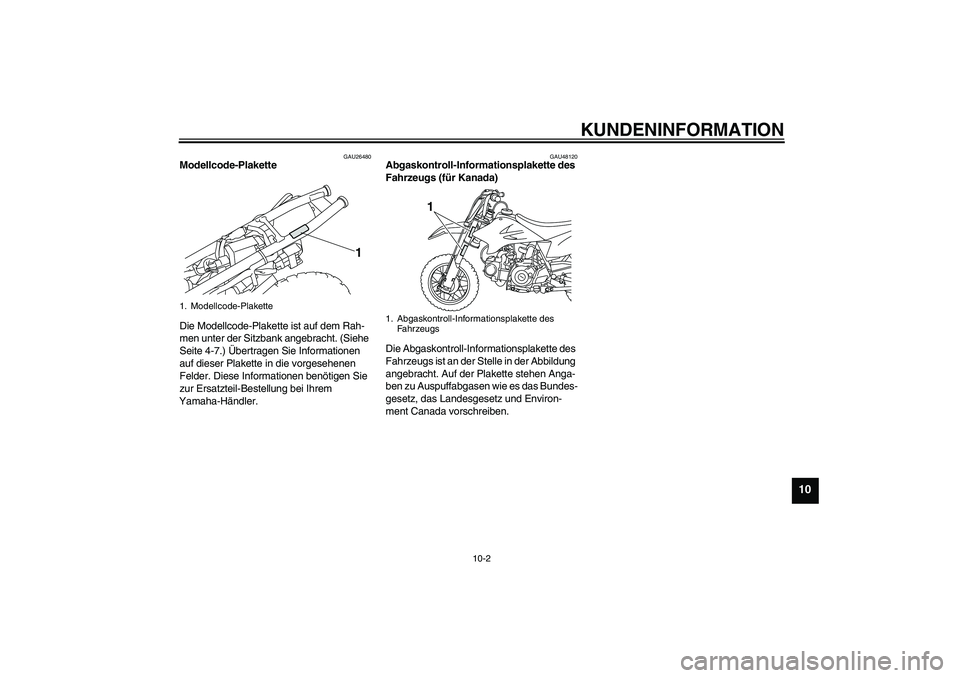 YAMAHA TTR50 2010  Betriebsanleitungen (in German) KUNDENINFORMATION
10-2
10
GAU26480
Modellcode-Plakette 
Die Modellcode-Plakette ist auf dem Rah-
men unter der Sitzbank angebracht. (Siehe 
Seite 4-7.) Übertragen Sie Informationen 
auf dieser Plaket