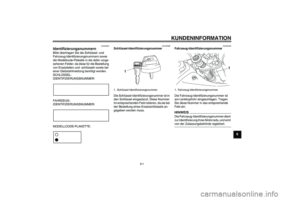 YAMAHA TTR50 2009  Betriebsanleitungen (in German) KUNDENINFORMATION
9-1
9
GAU26351
Identifizierungsnummern Bitte übertragen Sie die Schlüssel- und 
Fahrzeug-Identifizierungsnummern sowie 
die Modellcode-Plakette in die dafür vorge-
sehenen Felder,