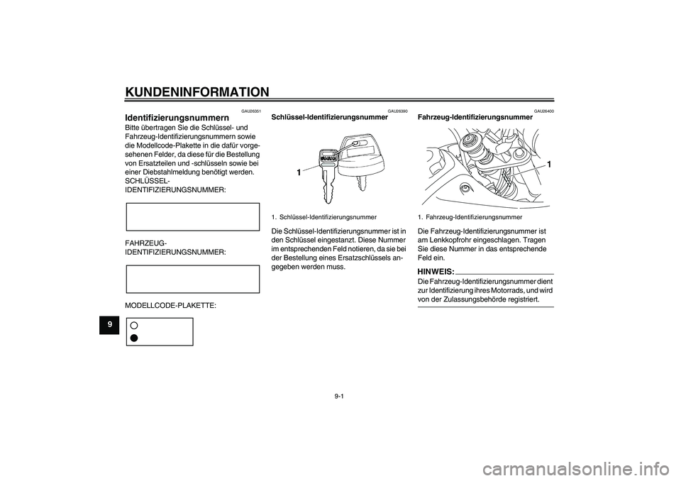 YAMAHA TTR50 2008 Betriebsanleitungen (in German) KUNDENINFORMATION
9-1
9
GAU26351
Identifizierungsnummern Bitte übertragen Sie die Schlüssel- und
Fahrzeug-Identifizierungsnummern sowie
die Modellcode-Plakette in die dafür vorge-
sehenen Felder, YAMAHA TTR50 2008 Betriebsanleitungen (in German) KUNDENINFORMATION
9-1
9
GAU26351
Identifizierungsnummern Bitte übertragen Sie die Schlüssel- und
Fahrzeug-Identifizierungsnummern sowie
die Modellcode-Plakette in die dafür vorge-
sehenen Felder,