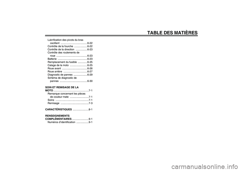 YAMAHA TTR50 2008 Notices Demploi (in French) TABLE DES MATIÈRES
Lubrification des pivots du bras
oscillant ..................................... 6-22
Contrôle de la fourche .................. 6-22
Contrôle de la direction ................ YAMAHA TTR50 2008 Notices Demploi (in French) TABLE DES MATIÈRES
Lubrification des pivots du bras
oscillant ..................................... 6-22
Contrôle de la fourche .................. 6-22
Contrôle de la direction ................