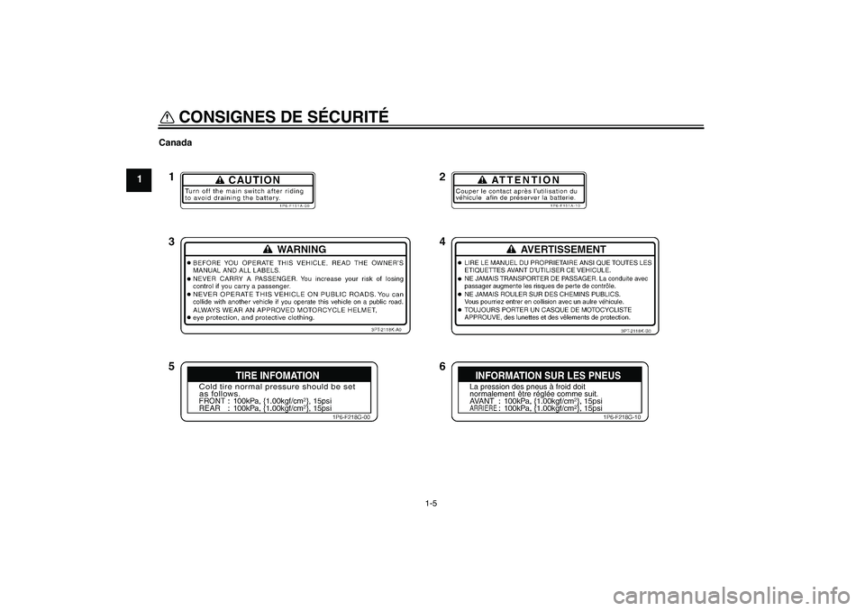 YAMAHA TTR50 2008  Notices Demploi (in French) CONSIGNES DE SÉCURITÉ
1-5
1
CanadaU1P682F0.book  Page 5  Wednesday, May 23, 2007  9:38 AM 