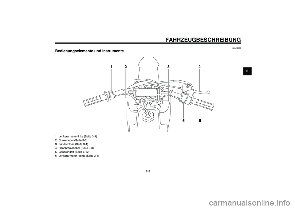 YAMAHA TTR50 2007  Betriebsanleitungen (in German) FAHRZEUGBESCHREIBUNG
2-3
2
GAU10430
Bedienungselemente und Instrumente
14
5 2
6 3
1. Lenkerarmatur links (Seite 3-1)
2. Chokehebel (Seite 3-6)
3. Zündschloss (Seite 3-1)
4. Handbremshebel (Seite 3-3)