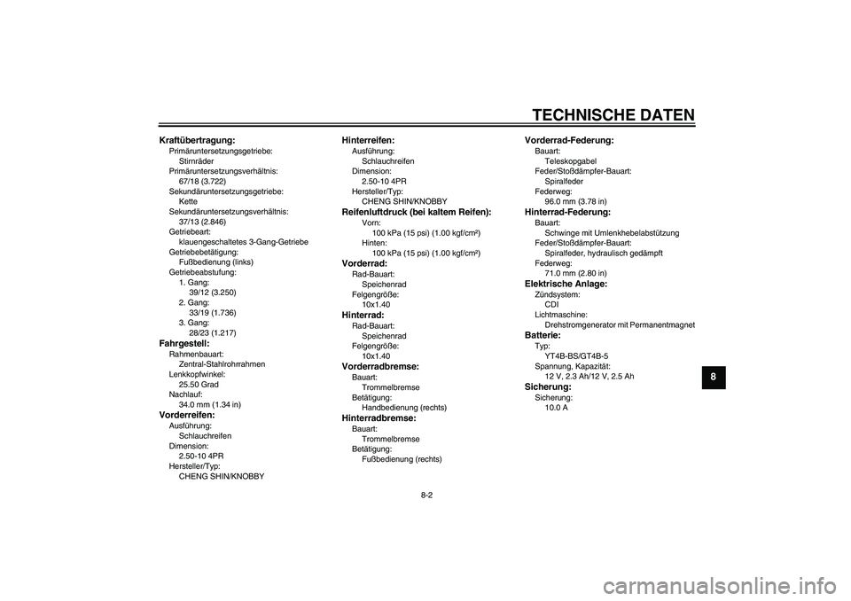 YAMAHA TTR50 2007  Betriebsanleitungen (in German) TECHNISCHE DATEN
8-2
8
Kraftübertragung:Primäruntersetzungsgetriebe:
Stirnräder
Primäruntersetzungsverhältnis:
67/18 (3.722)
Sekundäruntersetzungsgetriebe:
Kette
Sekundäruntersetzungsverhältni