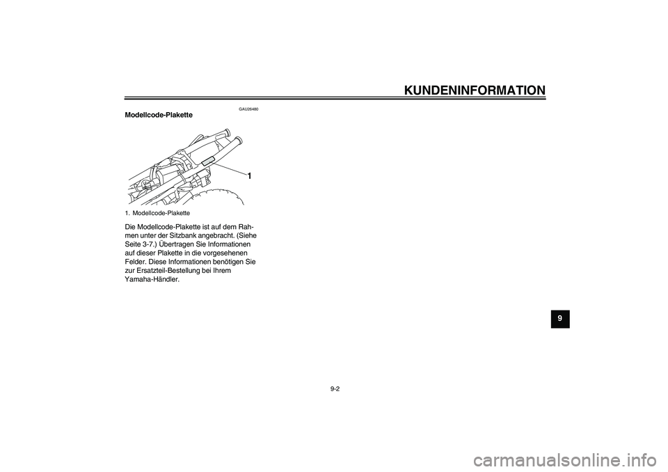 YAMAHA TTR50 2007  Betriebsanleitungen (in German) KUNDENINFORMATION
9-2
9
GAU26480
Modellcode-Plakette 
Die Modellcode-Plakette ist auf dem Rah-
men unter der Sitzbank angebracht. (Siehe 
Seite 3-7.) Übertragen Sie Informationen 
auf dieser Plakette