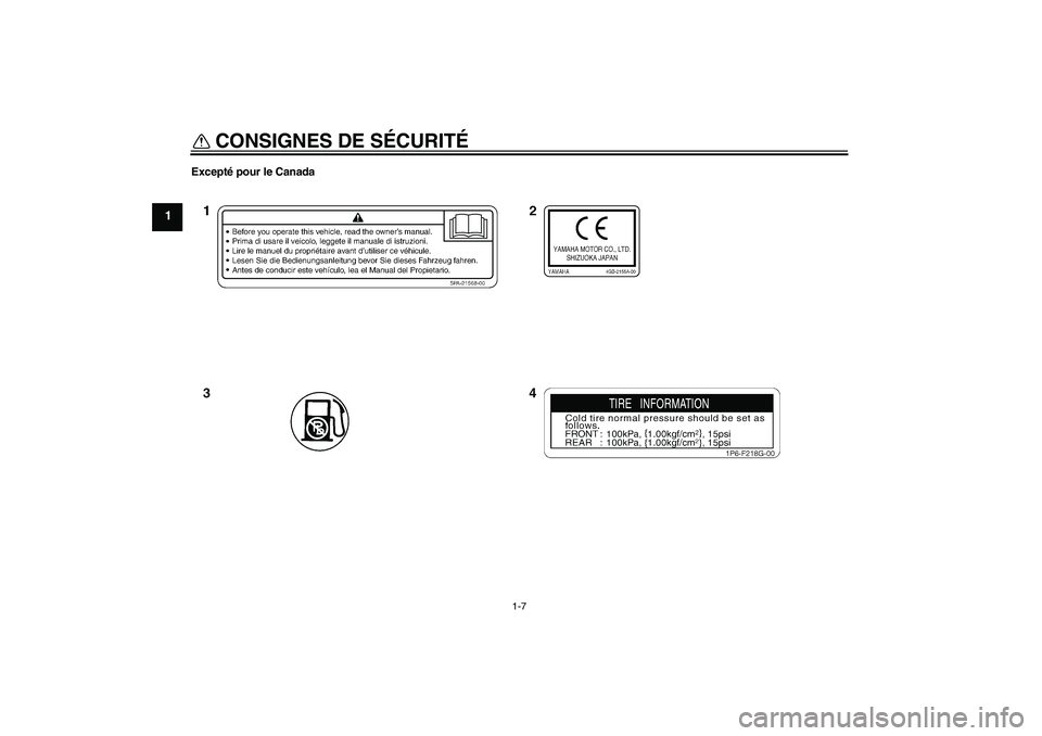 YAMAHA TTR50 2007  Notices Demploi (in French) CONSIGNES DE SÉCURITÉ
1-7
1
Excepté pour le CanadaU1P681F0.book  Page 7  Tuesday, April 18, 2006  3:00 PM 