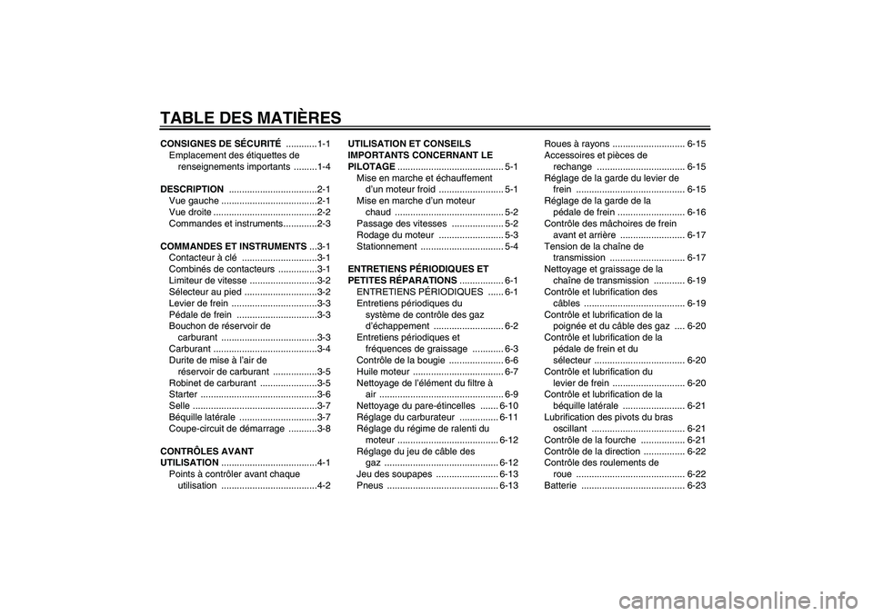 YAMAHA TTR50 2007 Notices Demploi (in French) TABLE DES MATIÈRESCONSIGNES DE SÉCURITÉ ............1-1
Emplacement des étiquettes de
renseignements importants .........1-4
DESCRIPTION ..................................2-1
Vue gauche ........ YAMAHA TTR50 2007 Notices Demploi (in French) TABLE DES MATIÈRESCONSIGNES DE SÉCURITÉ ............1-1
Emplacement des étiquettes de
renseignements importants .........1-4
DESCRIPTION ..................................2-1
Vue gauche ........