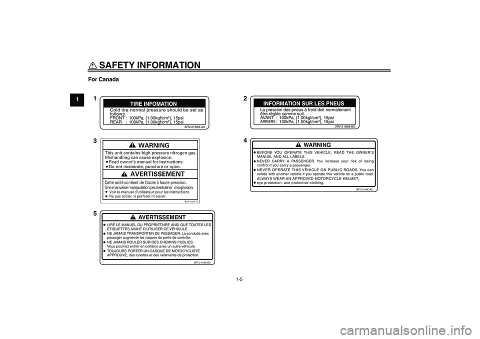 YAMAHA TTR90 2007 Owners Manual SAFETY INFORMATION
1-5
1For Canada
2
4 1
3
5
Cold tire normal pressure should be set as
follows.FRONT : 100kPa, {1.00kgf/cm
2}, 15psi
REAR : 100kPa, {1.00kgf/cm2}, 15psi
3RV-21668-A0
TIRE INFOMATION
L YAMAHA TTR90 2007 Owners Manual SAFETY INFORMATION
1-5
1For Canada
2
4 1
3
5
Cold tire normal pressure should be set as
follows.FRONT : 100kPa, {1.00kgf/cm
2}, 15psi
REAR : 100kPa, {1.00kgf/cm2}, 15psi
3RV-21668-A0
TIRE INFOMATION
L