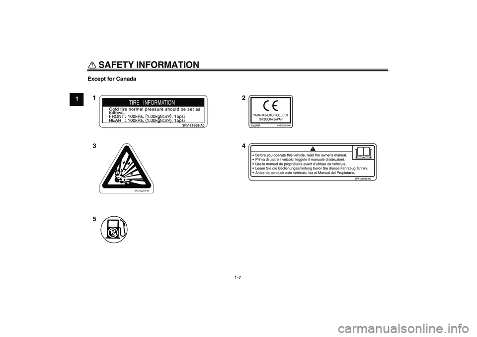 YAMAHA TTR90 2007  Owners Manual SAFETY INFORMATION
1-7
1Except for Canada
2
4 1
3
5
Before you operate this vehicle, read the owner’s manual.
Prima di usare il veicolo, leggete il manuale di istruzioni.
Lire le manuel du propriét