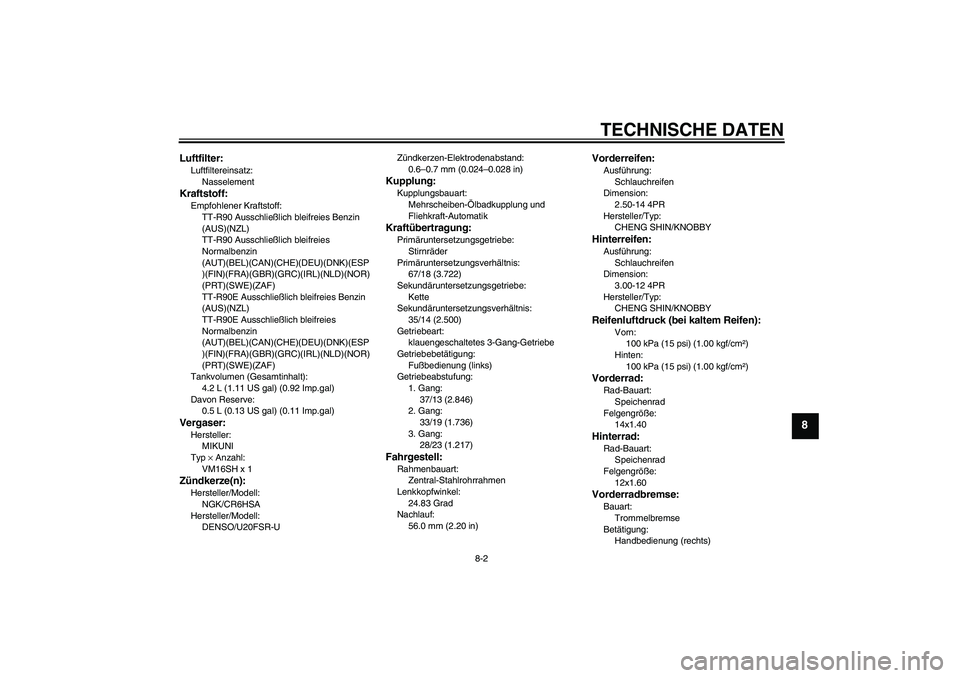 YAMAHA TTR90 2007  Betriebsanleitungen (in German) TECHNISCHE DATEN
8-2
8
Luftfilter:Luftfiltereinsatz:
NasselementKraftstoff:Empfohlener Kraftstoff:
TT-R90 Ausschließlich bleifreies Benzin 
(AUS)(NZL)
TT-R90 Ausschließlich bleifreies 
Normalbenzin 
