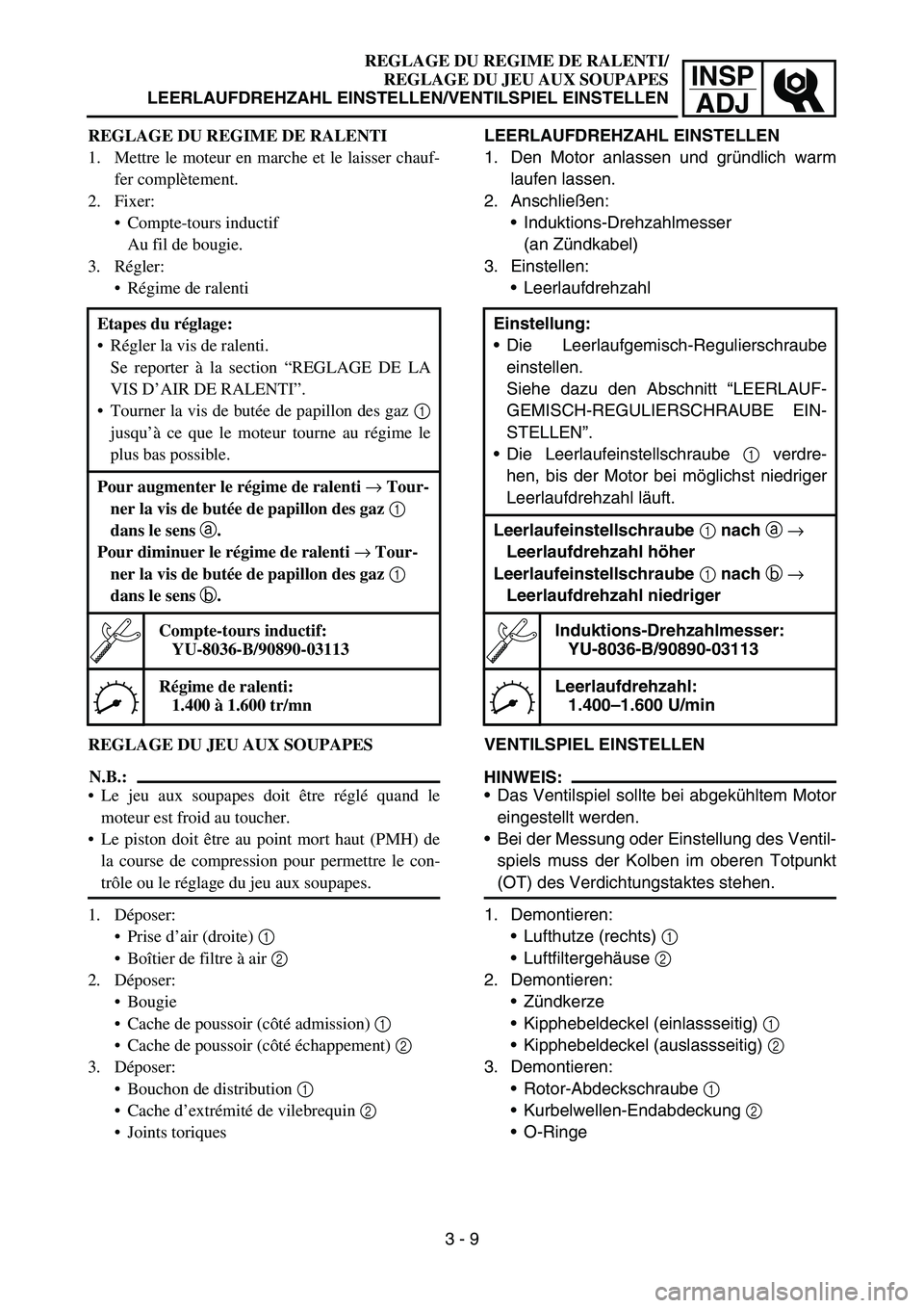 YAMAHA TTR90 2006 Owners Manual INSP
ADJ
REGLAGE DU REGIME DE RALENTI/
REGLAGE DU JEU AUX SOUPAPES
LEERLAUFDREHZAHL EINSTELLEN/VENTILSPIEL EINSTELLEN
REGLAGE DU REGIME DE RALENTI
1. Mettre le moteur en marche et le laisser chauf-
fe YAMAHA TTR90 2006 Owners Manual INSP
ADJ
REGLAGE DU REGIME DE RALENTI/
REGLAGE DU JEU AUX SOUPAPES
LEERLAUFDREHZAHL EINSTELLEN/VENTILSPIEL EINSTELLEN
REGLAGE DU REGIME DE RALENTI
1. Mettre le moteur en marche et le laisser chauf-
fe