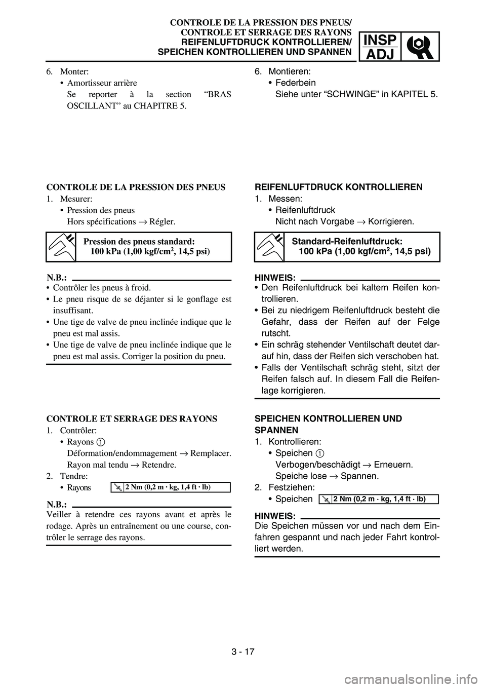 YAMAHA TTR90 2006 Owners Manual INSP
ADJ
CONTROLE DE LA PRESSION DES PNEUS/
CONTROLE ET SERRAGE DES RAYONS
REIFENLUFTDRUCK KONTROLLIEREN/
SPEICHEN KONTROLLIEREN UND SPANNEN
6. Monter:
Amortisseur arrière
Se reporter à la section YAMAHA TTR90 2006 Owners Manual INSP
ADJ
CONTROLE DE LA PRESSION DES PNEUS/
CONTROLE ET SERRAGE DES RAYONS
REIFENLUFTDRUCK KONTROLLIEREN/
SPEICHEN KONTROLLIEREN UND SPANNEN
6. Monter:
Amortisseur arrière
Se reporter à la section