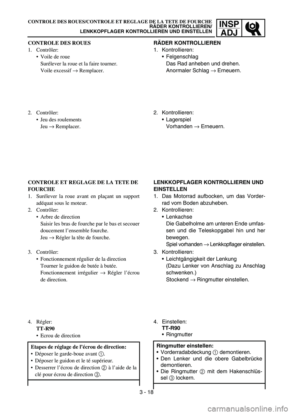 YAMAHA TTR90 2006 Owners Manual INSP
ADJCONTROLE DES ROUES/CONTROLE ET REGLAGE DE LA TETE DE FOURCHE
RÄDER KONTROLLIEREN/
LENKKOPFLAGER KONTROLLIEREN UND EINSTELLEN
CONTROLE DES ROUES
1. Contrôler:
Voile de roue
Surélever la rou YAMAHA TTR90 2006 Owners Manual INSP
ADJCONTROLE DES ROUES/CONTROLE ET REGLAGE DE LA TETE DE FOURCHE
RÄDER KONTROLLIEREN/
LENKKOPFLAGER KONTROLLIEREN UND EINSTELLEN
CONTROLE DES ROUES
1. Contrôler:
Voile de roue
Surélever la rou