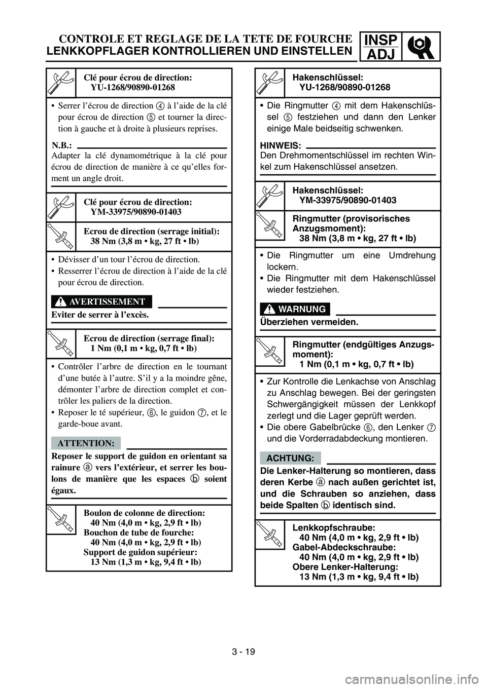 YAMAHA TTR90 2006 Owners Manual INSP
ADJCONTROLE ET REGLAGE DE LA TETE DE FOURCHE
LENKKOPFLAGER KONTROLLIEREN UND EINSTELLEN
Clé pour écrou de direction:
YU-1268/90890-01268
Serrer l’écrou de direction 4 à l’aide de la clé YAMAHA TTR90 2006 Owners Manual INSP
ADJCONTROLE ET REGLAGE DE LA TETE DE FOURCHE
LENKKOPFLAGER KONTROLLIEREN UND EINSTELLEN
Clé pour écrou de direction:
YU-1268/90890-01268
Serrer l’écrou de direction 4 à l’aide de la clé