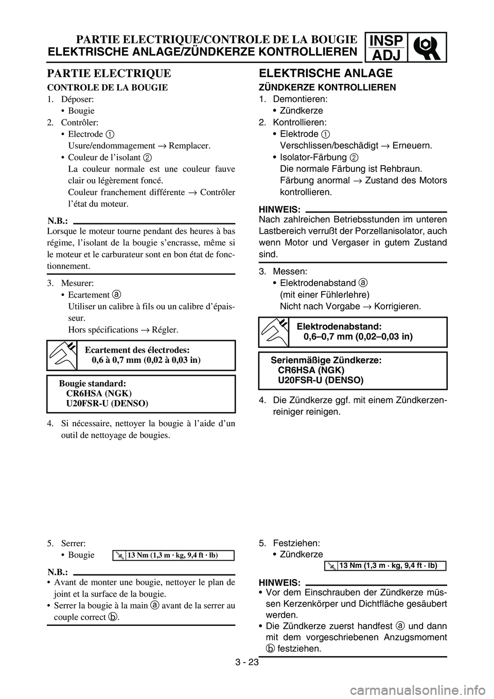 YAMAHA TTR90 2006 Owners Manual INSP
ADJPARTIE ELECTRIQUE/CONTROLE DE LA BOUGIE
ELEKTRISCHE ANLAGE/ZÜNDKERZE KONTROLLIEREN
PARTIE ELECTRIQUE
CONTROLE DE LA BOUGIE
1. Déposer:
Bougie
2. Contrôler:
Electrode 1
Usure/endommagemen YAMAHA TTR90 2006 Owners Manual INSP
ADJPARTIE ELECTRIQUE/CONTROLE DE LA BOUGIE
ELEKTRISCHE ANLAGE/ZÜNDKERZE KONTROLLIEREN
PARTIE ELECTRIQUE
CONTROLE DE LA BOUGIE
1. Déposer:
Bougie
2. Contrôler:
Electrode 1
Usure/endommagemen