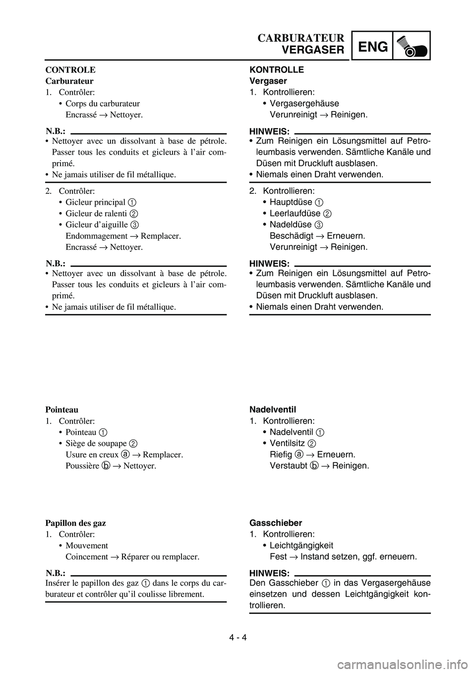 YAMAHA TTR90 2006 Owners Manual 4 - 4
ENG
KONTROLLE
Vergaser
1. Kontrollieren:
Vergasergehäuse
Verunreinigt → Reinigen.
HINWEIS:
Zum Reinigen ein Lösungsmittel auf Petro-
leumbasis verwenden. Sämtliche Kanäle und
Düsen mit YAMAHA TTR90 2006 Owners Manual 4 - 4
ENG
KONTROLLE
Vergaser
1. Kontrollieren:
Vergasergehäuse
Verunreinigt → Reinigen.
HINWEIS:
Zum Reinigen ein Lösungsmittel auf Petro-
leumbasis verwenden. Sämtliche Kanäle und
Düsen mit