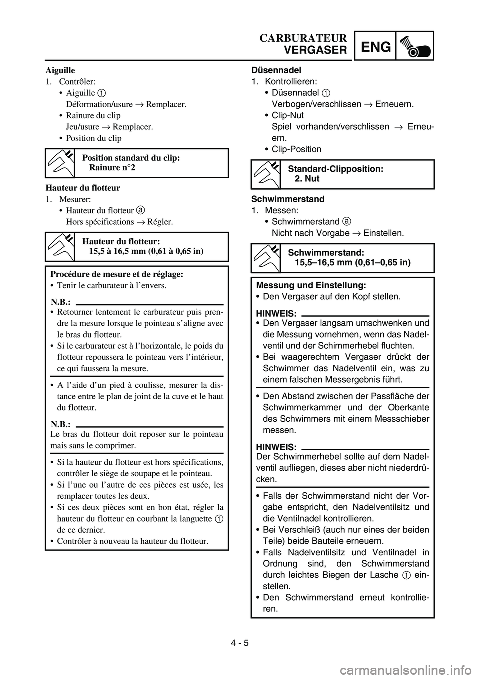 YAMAHA TTR90 2006 Owners Manual 4 - 5
ENG
Düsennadel
1. Kontrollieren:
Düsennadel 1
Verbogen/verschlissen → Erneuern.
Clip-Nut
Spiel vorhanden/verschlissen → Erneu-
ern.
Clip-Position
Schwimmerstand
1. Messen:
Schwimmerst YAMAHA TTR90 2006 Owners Manual 4 - 5
ENG
Düsennadel
1. Kontrollieren:
Düsennadel 1
Verbogen/verschlissen → Erneuern.
Clip-Nut
Spiel vorhanden/verschlissen → Erneu-
ern.
Clip-Position
Schwimmerstand
1. Messen:
Schwimmerst