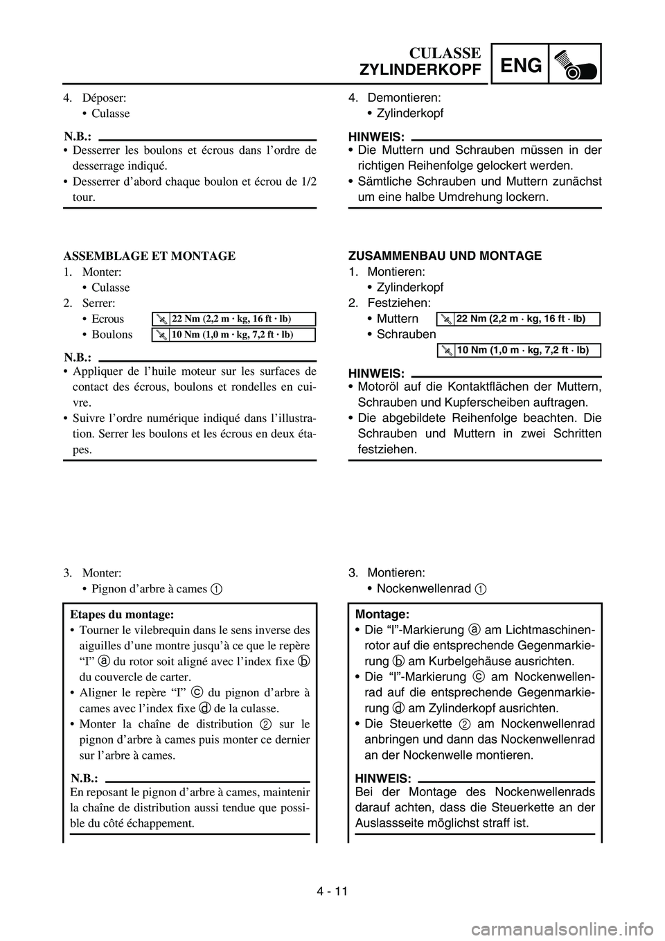 YAMAHA TTR90 2006 Owners Manual 4 - 11
ENG
4. Demontieren:
Zylinderkopf
HINWEIS:
Die Muttern und Schrauben müssen in der
richtigen Reihenfolge gelockert werden.
Sämtliche Schrauben und Muttern zunächst
um eine halbe Umdrehung YAMAHA TTR90 2006 Owners Manual 4 - 11
ENG
4. Demontieren:
Zylinderkopf
HINWEIS:
Die Muttern und Schrauben müssen in der
richtigen Reihenfolge gelockert werden.
Sämtliche Schrauben und Muttern zunächst
um eine halbe Umdrehung