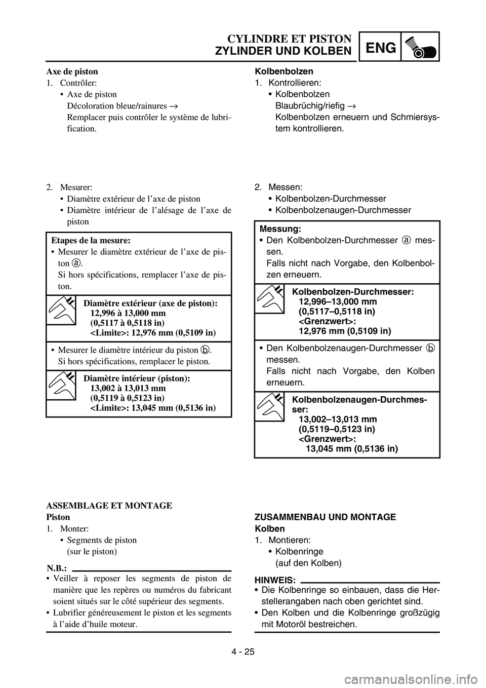 YAMAHA TTR90 2006 Owners Manual 4 - 25
ENG
Kolbenbolzen
1. Kontrollieren:
Kolbenbolzen
Blaubrüchig/riefig →
Kolbenbolzen erneuern und Schmiersys-
tem kontrollieren.
2. Messen:
Kolbenbolzen-Durchmesser
Kolbenbolzenaugen-Durchm YAMAHA TTR90 2006 Owners Manual 4 - 25
ENG
Kolbenbolzen
1. Kontrollieren:
Kolbenbolzen
Blaubrüchig/riefig →
Kolbenbolzen erneuern und Schmiersys-
tem kontrollieren.
2. Messen:
Kolbenbolzen-Durchmesser
Kolbenbolzenaugen-Durchm