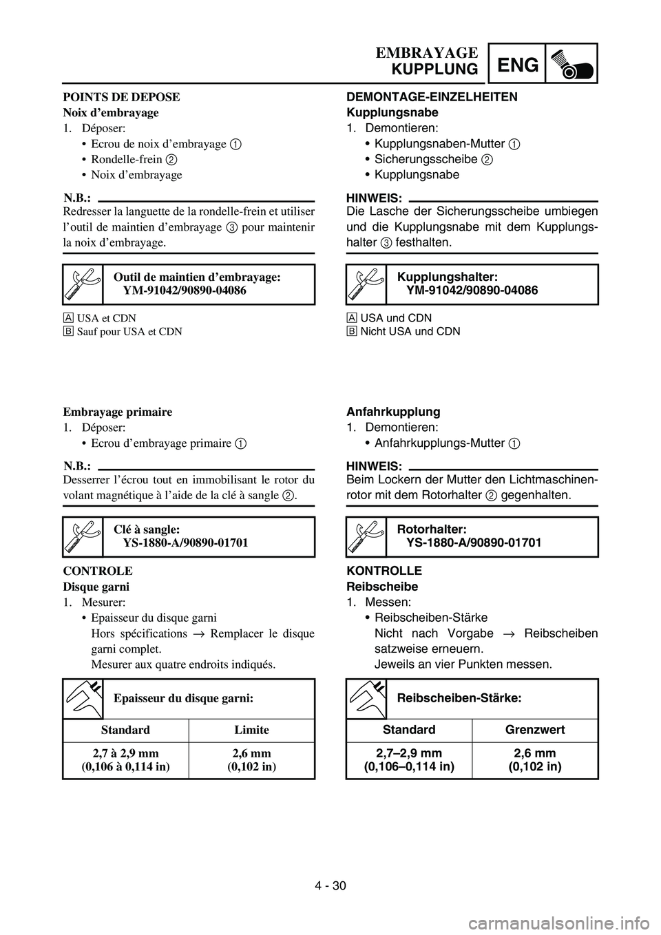 YAMAHA TTR90 2006 Owners Manual 4 - 30
ENG
DEMONTAGE-EINZELHEITEN
Kupplungsnabe
1. Demontieren:
Kupplungsnaben-Mutter 1
Sicherungsscheibe 2
Kupplungsnabe
HINWEIS:
Die Lasche der Sicherungsscheibe umbiegen
und die Kupplungsnabe YAMAHA TTR90 2006 Owners Manual 4 - 30
ENG
DEMONTAGE-EINZELHEITEN
Kupplungsnabe
1. Demontieren:
Kupplungsnaben-Mutter 1
Sicherungsscheibe 2
Kupplungsnabe
HINWEIS:
Die Lasche der Sicherungsscheibe umbiegen
und die Kupplungsnabe