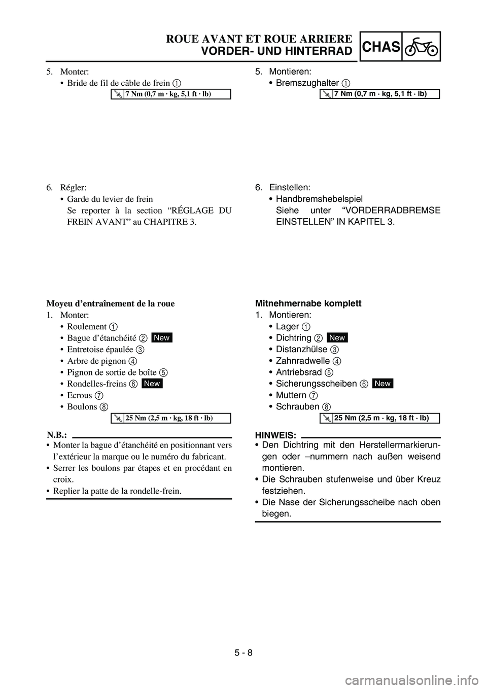 YAMAHA TTR90 2006 Owners Manual 5 - 8
CHAS
5. Montieren:
Bremszughalter 1
T R..7 Nm (0,7 m · kg, 5,1 ft · lb)
6. Einstellen:
Handbremshebelspiel
Siehe unter “VORDERRADBREMSE
EINSTELLEN” IN KAPITEL 3.
Mitnehmernabe komplett
YAMAHA TTR90 2006 Owners Manual 5 - 8
CHAS
5. Montieren:
Bremszughalter 1
T R..7 Nm (0,7 m · kg, 5,1 ft · lb)
6. Einstellen:
Handbremshebelspiel
Siehe unter “VORDERRADBREMSE
EINSTELLEN” IN KAPITEL 3.
Mitnehmernabe komplett