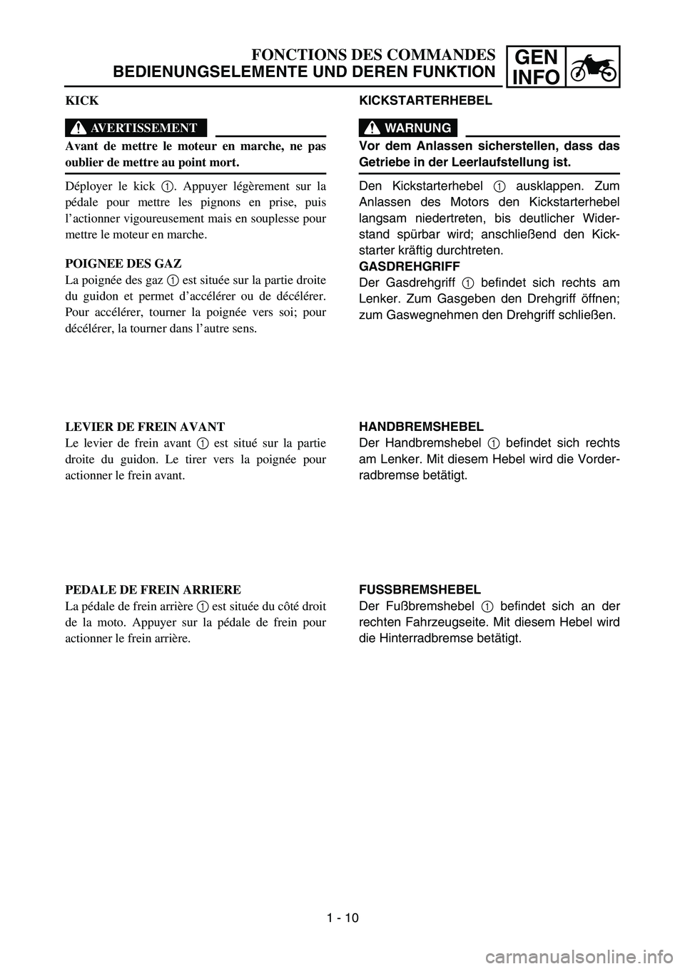 YAMAHA TTR90 2006 Owners Manual GEN
INFO
KICKSTARTERHEBEL
WARNUNG
Vor dem Anlassen sicherstellen, dass das
Getriebe in der Leerlaufstellung ist.
Den Kickstarterhebel 1 ausklappen. Zum
Anlassen des Motors den Kickstarterhebel
langsam YAMAHA TTR90 2006 Owners Manual GEN
INFO
KICKSTARTERHEBEL
WARNUNG
Vor dem Anlassen sicherstellen, dass das
Getriebe in der Leerlaufstellung ist.
Den Kickstarterhebel 1 ausklappen. Zum
Anlassen des Motors den Kickstarterhebel
langsam