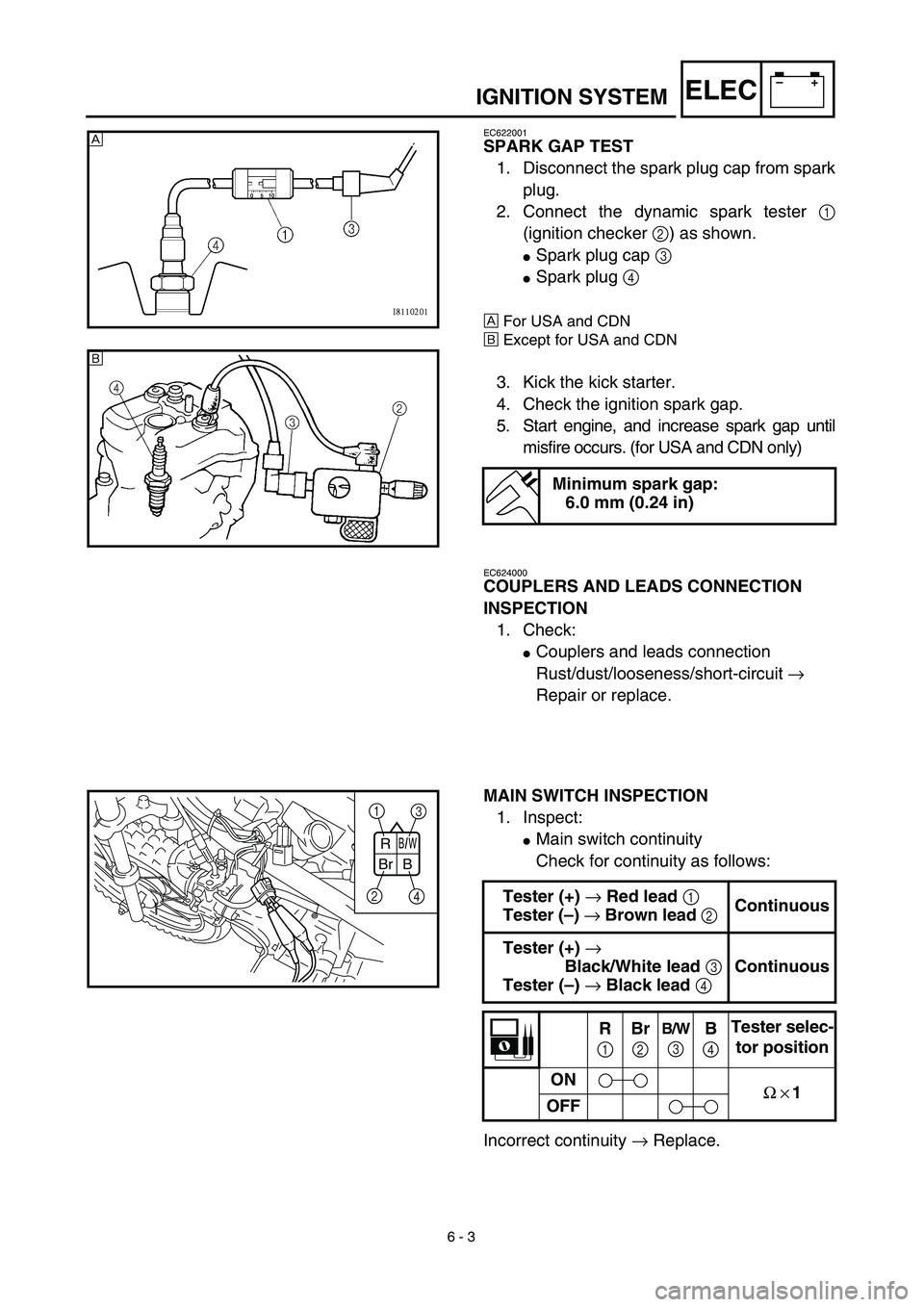 YAMAHA TTR90 2003  Owners Manual  
6 - 3
–+ELEC
 
IGNITION SYSTEM 
EC622001 
SPARK GAP TEST 
1. Disconnect the spark plug cap from spark
plug.
2. Connect the dynamic spark tester  
1  
(ignition checker  
2  
) as shown. 
 
Spark 