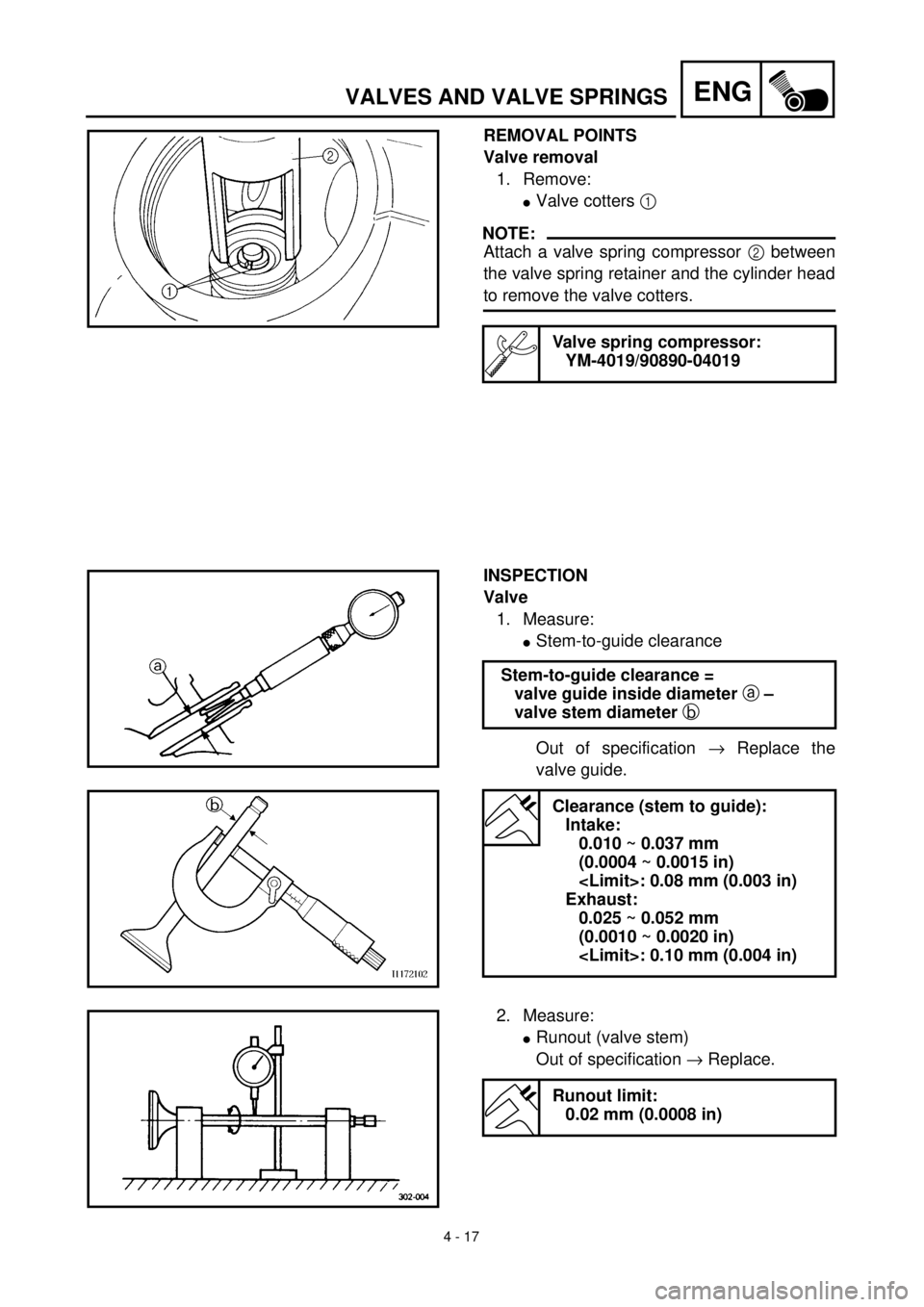 YAMAHA TTR90 2002  Owners Manual 4 - 17
ENGVALVES AND VALVE SPRINGS
REMOVAL POINTS
Valve removal
1. Remove:
lValve cotters 1 
NOTE:
Attach a valve spring compressor 2 between
the valve spring retainer and the cylinder head
to remove 