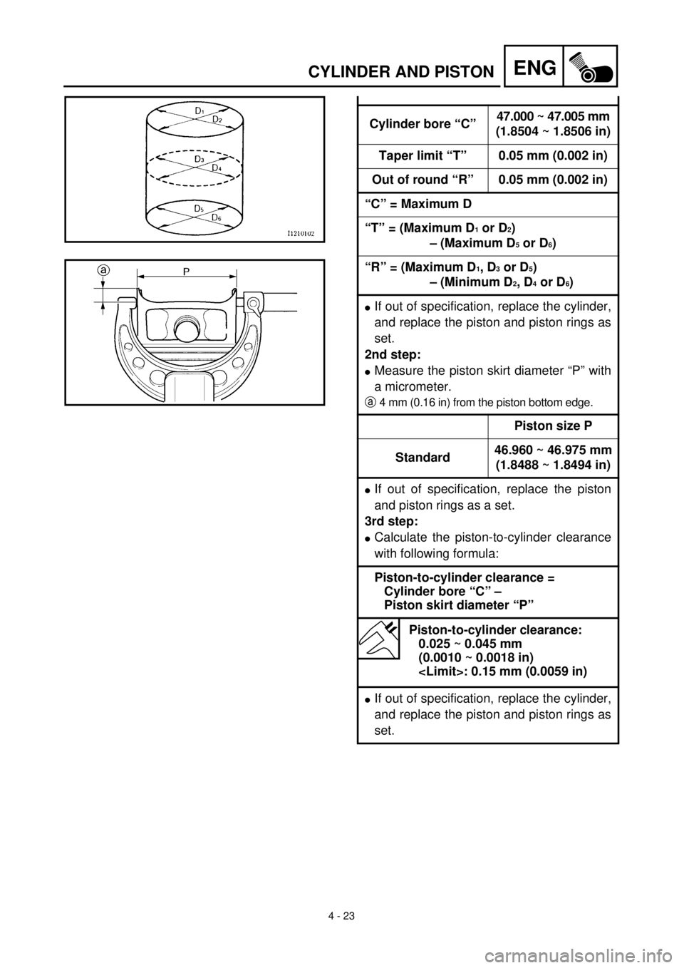 YAMAHA TTR90 2002  Owners Manual 4 - 23
ENGCYLINDER AND PISTON
Cylinder bore “C”47.000 ~ 47.005 mm
(1.8504 ~ 1.8506 in)
Taper limit “T” 0.05 mm (0.002 in)
Out of round “R” 0.05 mm (0.002 in)
“C” = Maximum D
“T” = 