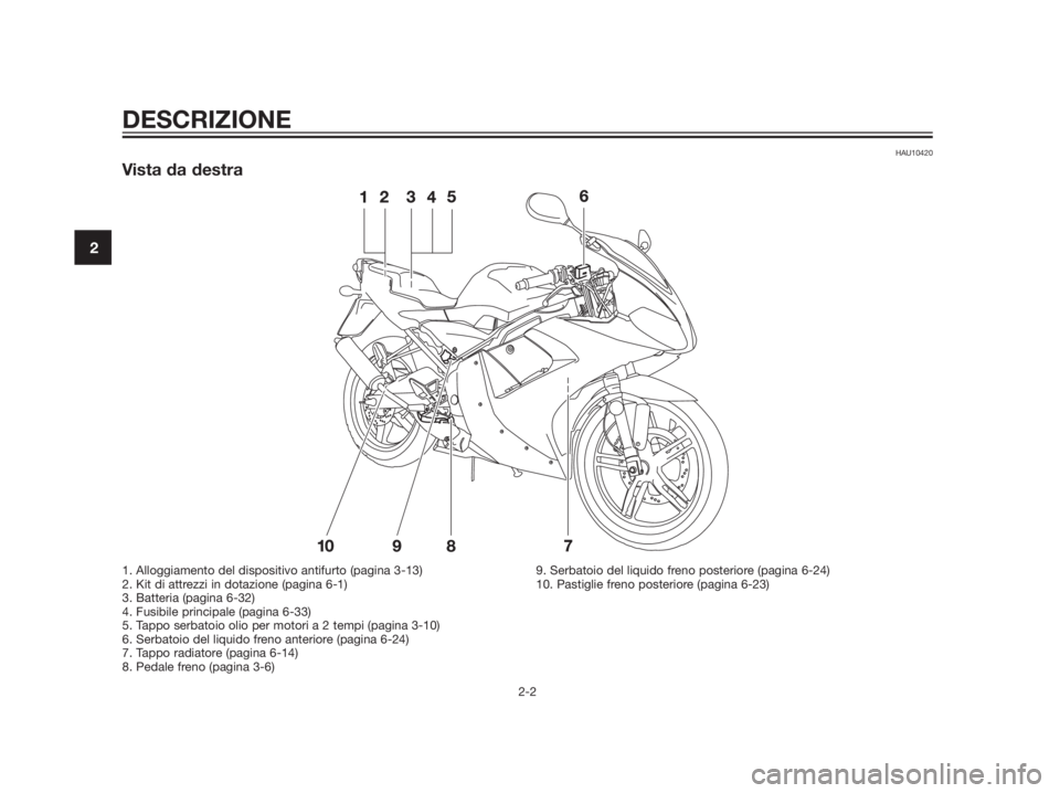 YAMAHA TZR50 2012  Manuale duso (in Italian) HAU10420
Vista da destra
DESCRIZIONE
2-2
2
1. Alloggiamento del dispositivo antifurto (pagina 3-13)
2. Kit di attrezzi in dotazione (pagina 6-1)
3. Batteria (pagina 6-32)
4. Fusibile principale (pagin