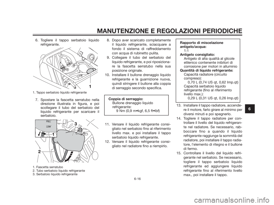 YAMAHA TZR50 2012  Manuale duso (in Italian) 6. Togliere il tappo serbatoio liquido
refrigerante.
1. Tappo serbatoio liquido refrigerante 
7. Spostare la fascetta serratubo nella
direzione illustrata in figura, e poi
scollegare il tubo del serba