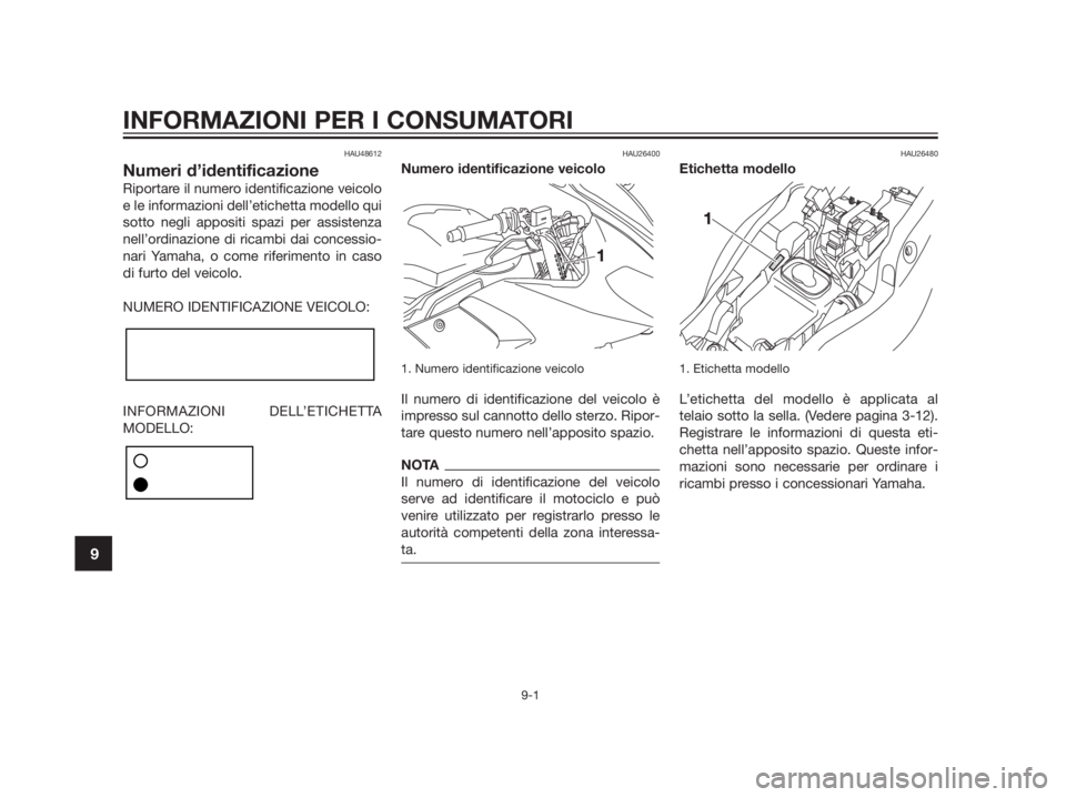 YAMAHA TZR50 2012 Manuale duso (in Italian) HAU48612
Numeri d’identificazione
Riportare il numero identificazione veicolo
e le informazioni dell’etichetta modello qui
sotto negli appositi spazi per assistenza
nell’ordinazione di ricambi d YAMAHA TZR50 2012 Manuale duso (in Italian) HAU48612
Numeri d’identificazione
Riportare il numero identificazione veicolo
e le informazioni dell’etichetta modello qui
sotto negli appositi spazi per assistenza
nell’ordinazione di ricambi d