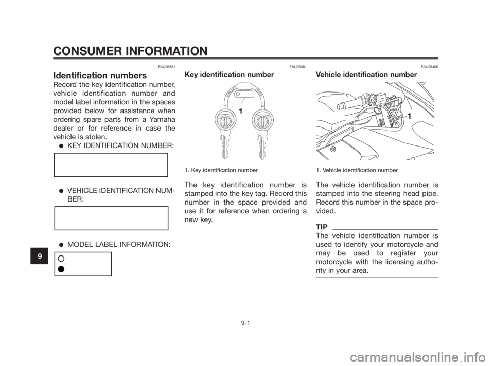 YAMAHA TZR50 2011  Owners Manual EAU26351
Identification numbers
Record the key identification number,
vehicle identification number and
model label information in the spaces
provided below for assistance when
ordering spare parts fr