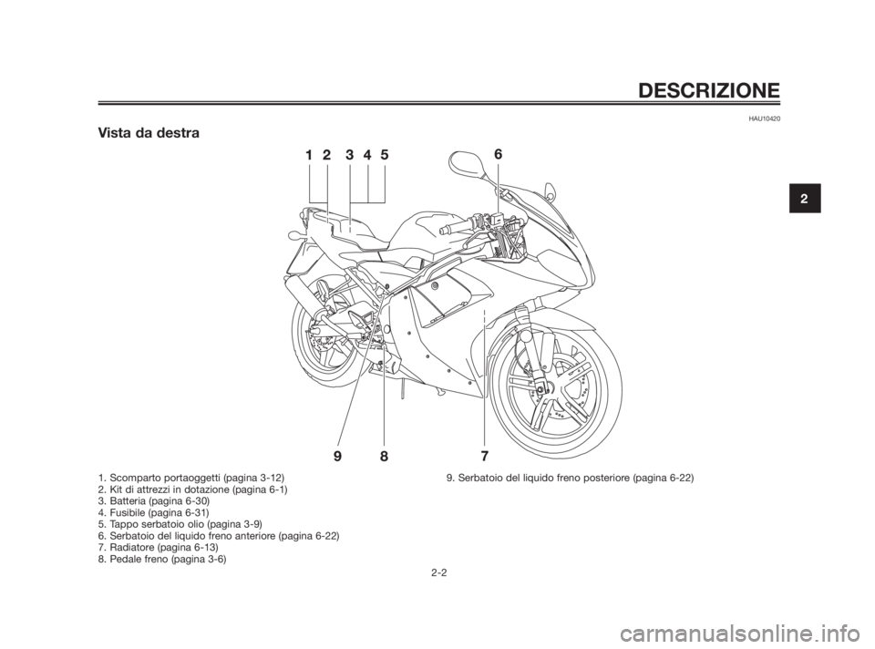 YAMAHA TZR50 2010  Manuale duso (in Italian) HAU10420
Vista da destra
DESCRIZIONE
2-2
2
1. Scomparto portaoggetti (pagina 3-12)
2. Kit di attrezzi in dotazione (pagina 6-1)
3. Batteria (pagina 6-30)
4. Fusibile (pagina 6-31)
5. Tappo serbatoio o