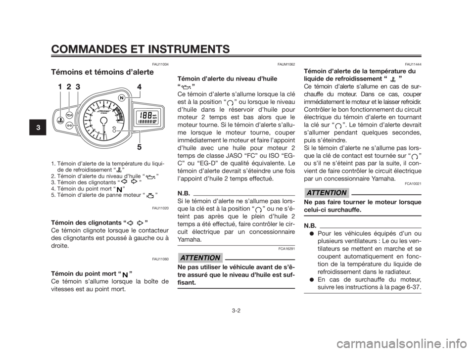 YAMAHA TZR50 2010  Notices Demploi (in French) COMMANDES ET INSTRUMENTS
3-2
3
FAU11004
Témoins et témoins d’alerte
1. Témoin d’alerte de la température du liqui-
de de refroidissement “ ”
2. Témoin d’alerte du niveau d’huile “ 