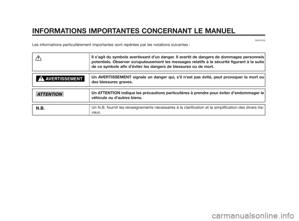 YAMAHA TZR50 2010  Notices Demploi (in French) FAU10132
Les informations particulièrement importantes sont repérées par les notations suivantes :
INFORMATIONS IMPORTANTES CONCERNANT LE MANUEL
Il s’agit du symbole avertissant d’un danger. Il