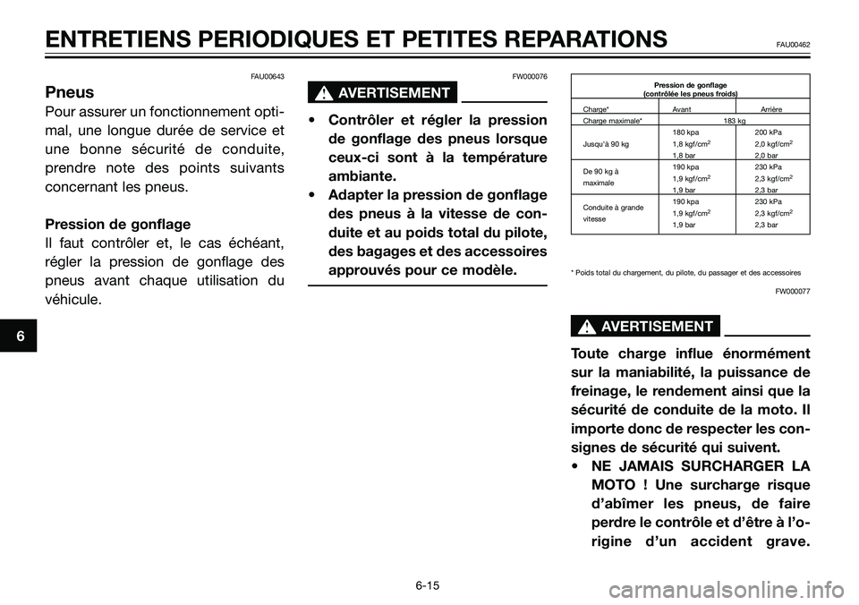 YAMAHA TZR50 2008  Notices Demploi (in French) FAU00643
Pneus
Pour assurer un fonctionnement opti-
mal, une longue durée de service et
une bonne sécurité de conduite,
prendre note des points suivants
concernant les pneus.
Pression de gonflage
I