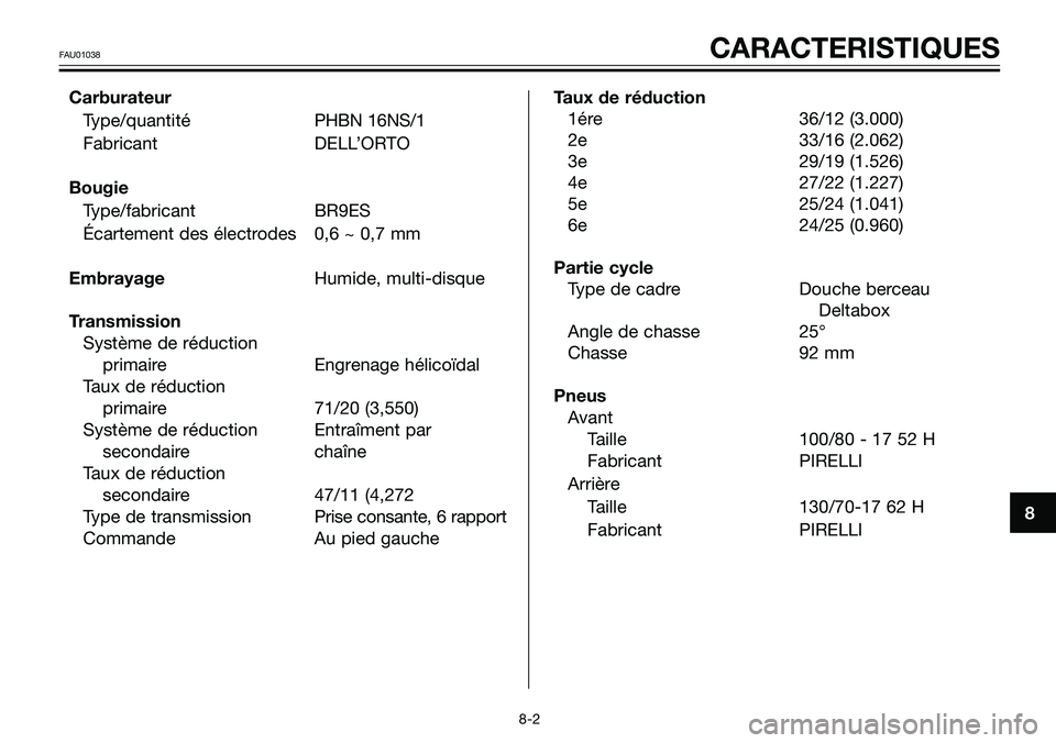 YAMAHA TZR50 2008  Notices Demploi (in French) 8
FAU01038CARACTERISTIQUES
Carburateur
Type/quantitéPHBN 16NS/1
Fabricant DELL’ORTO
Bougie
Type/fabricant BR9ES
Écartement des électrodes 0,6 ~ 0,7 mm
EmbrayageHumide, multi-disque
Transmission
S