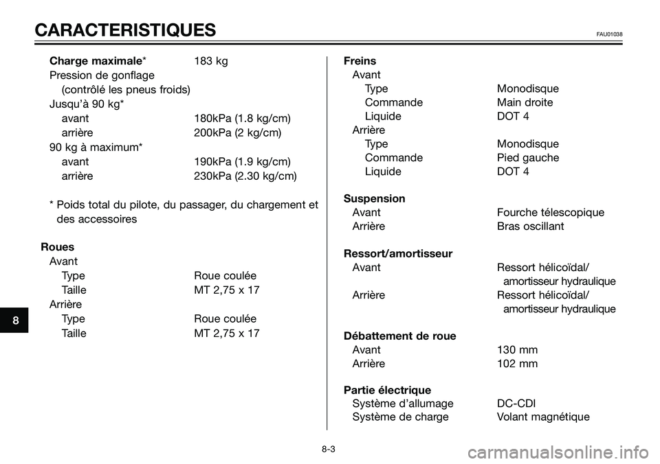 YAMAHA TZR50 2008  Notices Demploi (in French) 8
CARACTERISTIQUESFAU01038
Charge maximale* 183 kg 
Pression de gonflage 
(contrôlé les pneus froids)
Jusqu’à 90 kg*
avant 180kPa (1.8 kg/cm)
arrière 200kPa (2 kg/cm)
90 kg à maximum*
avant 190