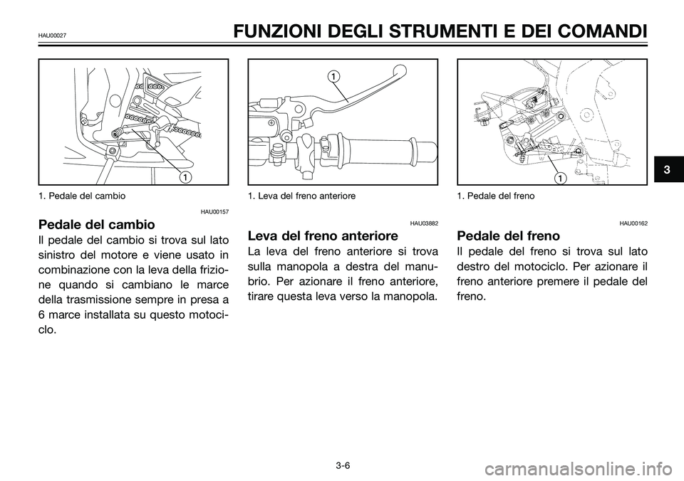YAMAHA TZR50 2008  Manuale duso (in Italian) 1. Pedale del cambio
HAU00157
Pedale del cambio
Il pedale del cambio si trova sul lato
sinistro del motore e viene usato in
combinazione con la leva della frizio-
ne quando si cambiano le marce
della 
