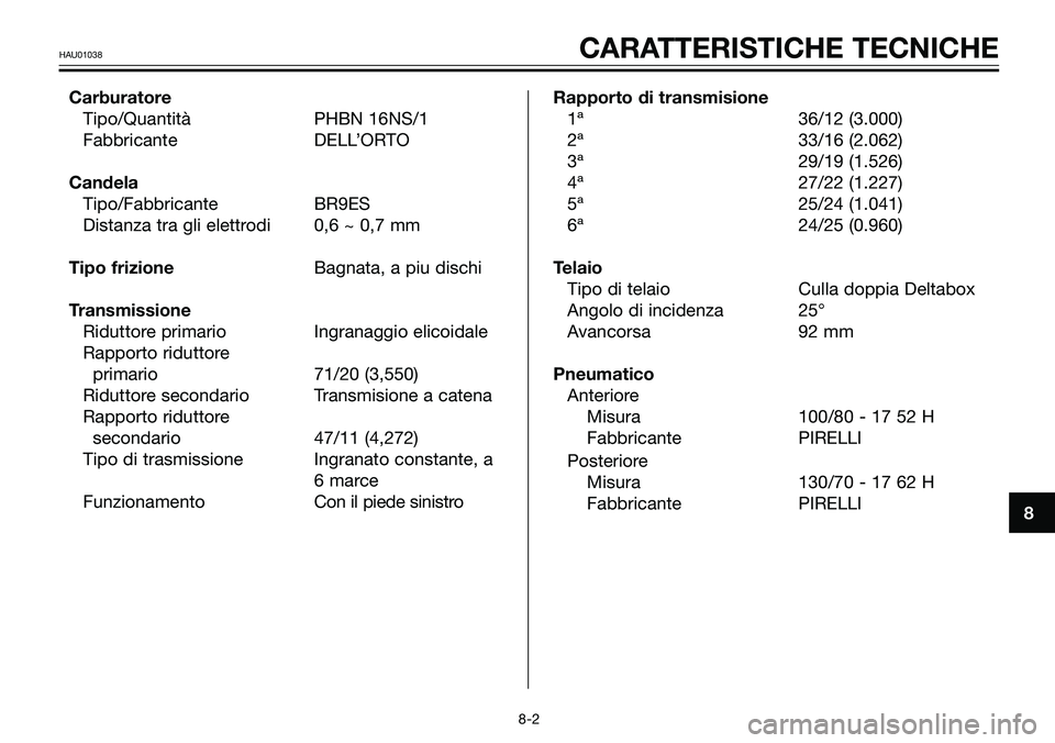 YAMAHA TZR50 2008  Manuale duso (in Italian) 8
HAU01038CARATTERISTICHE TECNICHE
Carburatore
Tipo/Quantità PHBN 16NS/1
Fabbricante DELL’ORTO
Candela
Tipo/Fabbricante BR9ES
Distanza tra gli elettrodi 0,6 ~ 0,7 mm
Tipo frizioneBagnata, a piu dis
