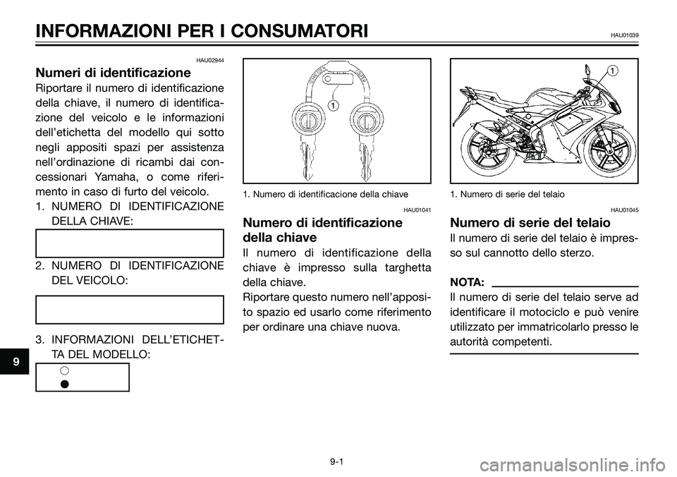 YAMAHA TZR50 2008  Manuale duso (in Italian) HAU02944
Numeri di identificazione
Riportare il numero di identificazione
della chiave, il numero di identifica-
zione del veicolo e le informazioni
dell’etichetta del modello qui sotto
negli apposi