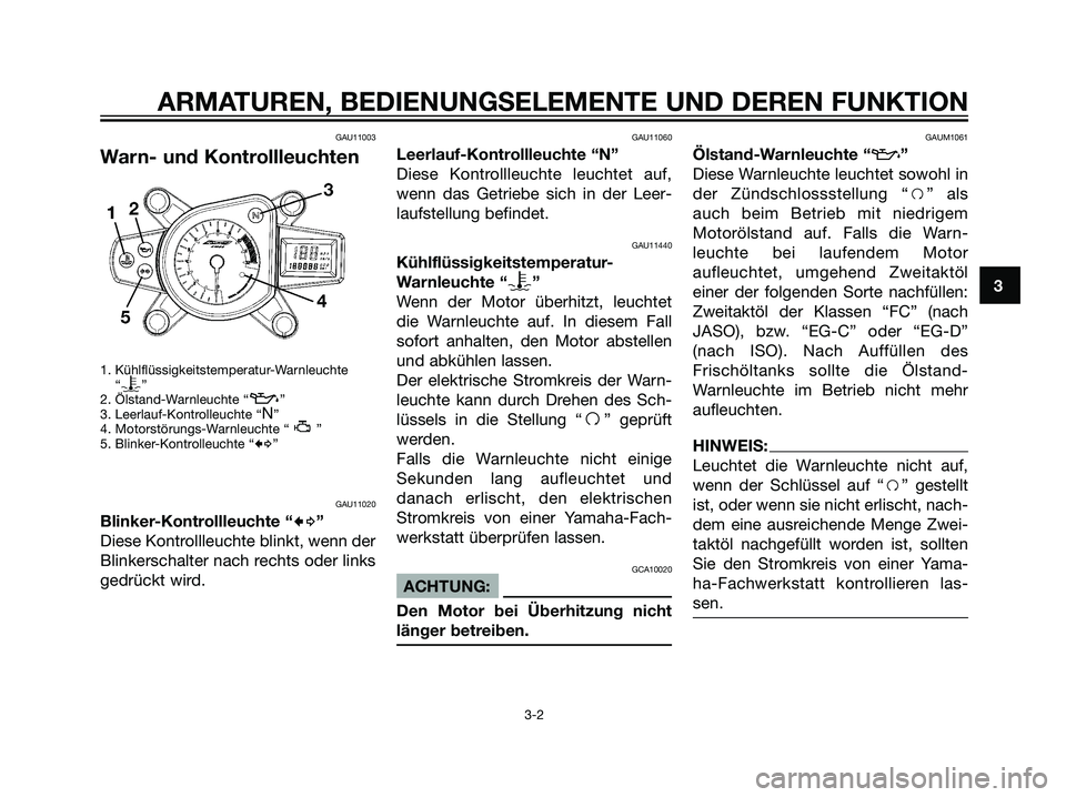 YAMAHA TZR50 2007 Betriebsanleitungen (in German) GAU11003
Warn- und Kontrollleuchten
1. Kühlflüssigkeitstemperatur-Warnleuchte
“y”
2. Ölstand-Warnleuchte “z”
3. Leerlauf-Kontrolleuchte “N”
4. Motorstörungs-Warnleuchte “ ”
5. Blin YAMAHA TZR50 2007 Betriebsanleitungen (in German) GAU11003
Warn- und Kontrollleuchten
1. Kühlflüssigkeitstemperatur-Warnleuchte
“y”
2. Ölstand-Warnleuchte “z”
3. Leerlauf-Kontrolleuchte “N”
4. Motorstörungs-Warnleuchte “ ”
5. Blin