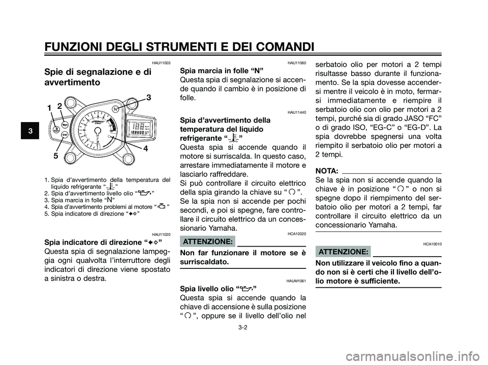 YAMAHA TZR50 2007  Manuale duso (in Italian) HAU11003
Spie di segnalazione e di
avvertimento
1. Spia d’avvertimento della temperatura del
liquido refrigerante “y”
2. Spia d’avvertimento livello olio “z”
3. Spia marcia in folle “N