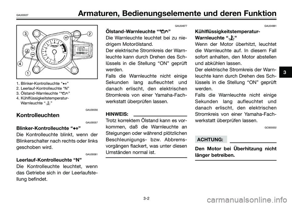 YAMAHA TZR50 2005 Betriebsanleitungen (in German) 1. Blinker-Kontrolleuchte “b”
2. Leerlauf-Kontrolleuchte “N”
3. Ölstand-Warnleuchte “z”
4. Kühlflüssigkeitstemperatur-
Warnleuchte “y”
GAU00056
Kontrolleuchten
GAU00057
Blinker-Kont YAMAHA TZR50 2005 Betriebsanleitungen (in German) 1. Blinker-Kontrolleuchte “b”
2. Leerlauf-Kontrolleuchte “N”
3. Ölstand-Warnleuchte “z”
4. Kühlflüssigkeitstemperatur-
Warnleuchte “y”
GAU00056
Kontrolleuchten
GAU00057
Blinker-Kont